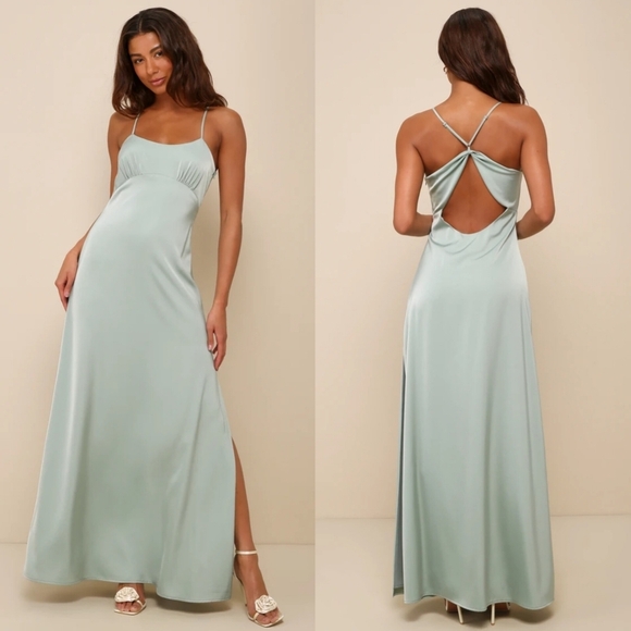 Lulus Dresses & Skirts - Lulus Wonderful Essence Sage Green Satin Backless Maxi Dress S Wedding Party